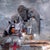 This photograph presents a surreal scene featuring a vintage car adorned with an array of animals, including an elephant,...