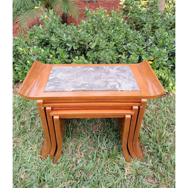 1960s Chinoiserie Wood Grey Marble Pagoda Shaped Regency Nesting Tables- Set of 3 For Sale - Image 5 of 13