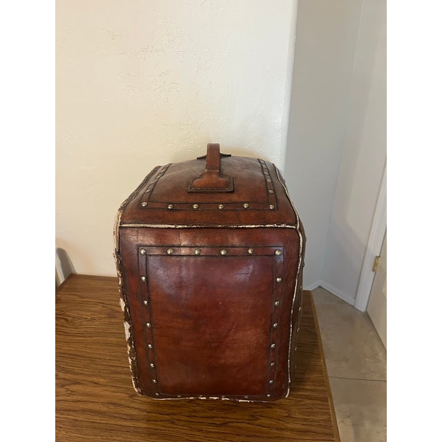 Metal 1990s Tooled Leather Ottoman Plain With Nailheads Antique Brown For Sale - Image 7 of 12
