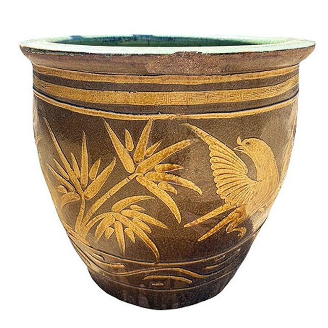Victorian 19th Century Large Bird & Bamboo Art Pottery Chinese Egg Pot Jardinière Planter For Sale - Image 3 of 8
