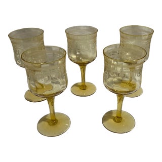 Vintage Yellow Depression Glass Wine/Water Glasses Set of 5 Etched For Sale