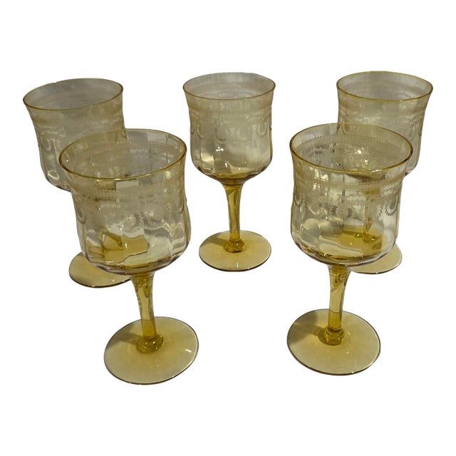 Vintage Yellow Depression Glass Wine/Water Glasses Set of 5 Etched For Sale
