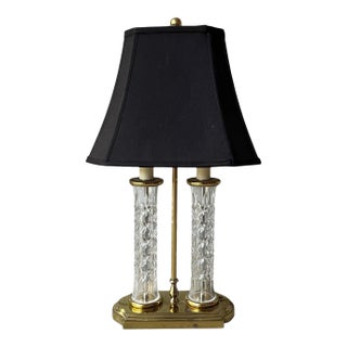 1990s Waterford Two Column Crystal & Brass Bouillotte Lamp Accompanying Black Shade For Sale
