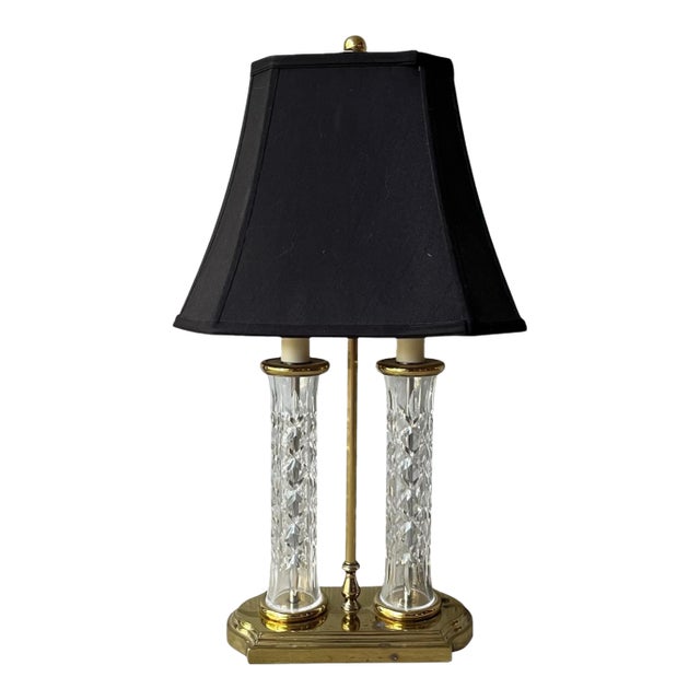 1990s Waterford Two Column Crystal & Brass Bouillotte Lamp Accompanying Black Shade For Sale