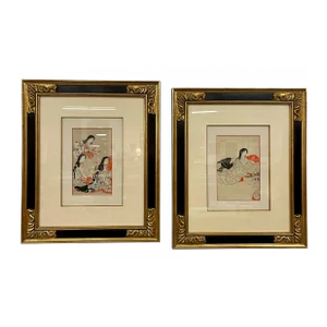Pair Japanese Woodblock. Matted. Custom Ebony Frames.