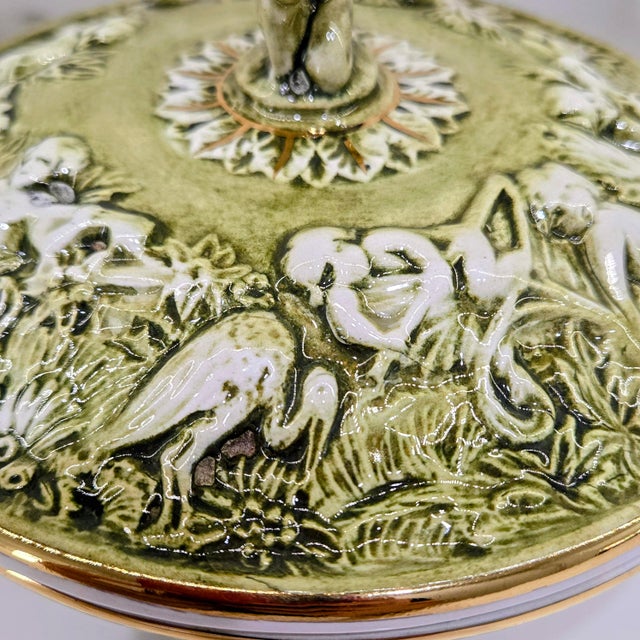 Ceramic Vintage R. Capodimonte Italian Porcelain Covered Dish With Putti & Birds, Footed Green Gold Compote For Sale - Image 7 of 13