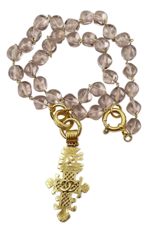 1990s Chanel Rare Vintage Gold Plated Cross Lavender Glass Bead Long Necklace