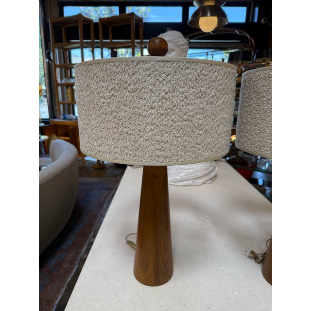 1970s Mid-Century Modern Wood Table Lamps With Textured Drum Shades - a Pair For Sale In Los Angeles - Image 6 of 12