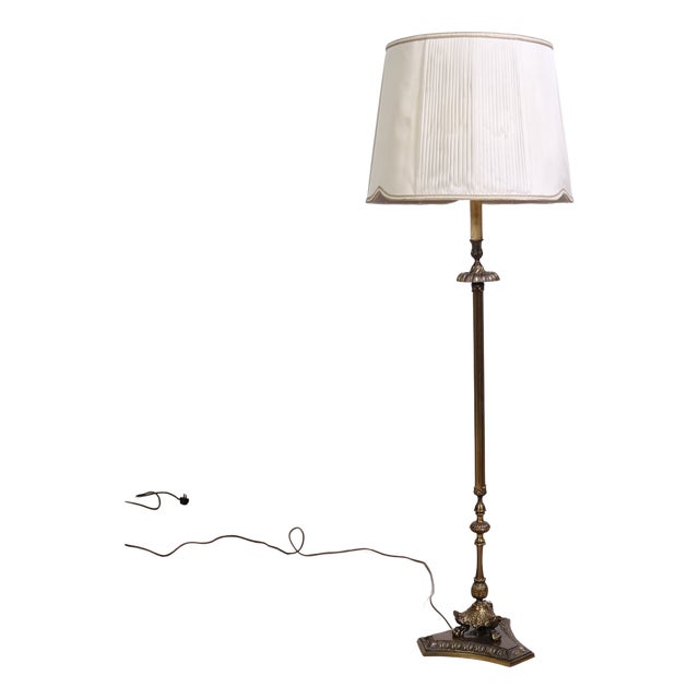 Brass Floor Lamp with 3 Light Point Fabric Lampshade, 1950s For Sale