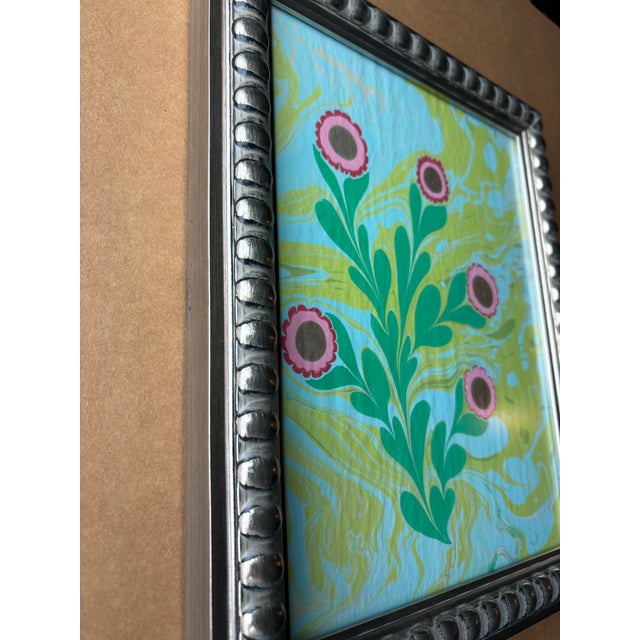 Blue 2026 Melvin G Fiori Original Ebru Painting on Paper in New Architectural Wood Frame For Sale - Image 8 of 9