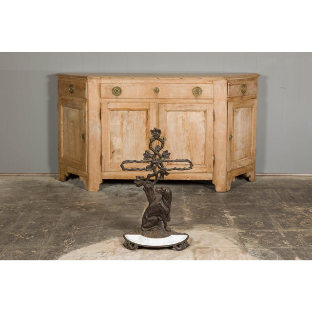 Metal English Iron Umbrella Stand with Dog and Tree Motif and White Receptacle For Sale - Image 7 of 12