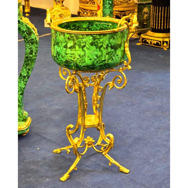 French Style Green Porcelain Cachepot With Gold Leaf & Bronze Accents For Sale - Image 4 of 4