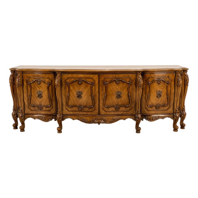 Vintage French Provincial Walnut Credenza Buffet Sideboard Carved Rococo 79" For Sale