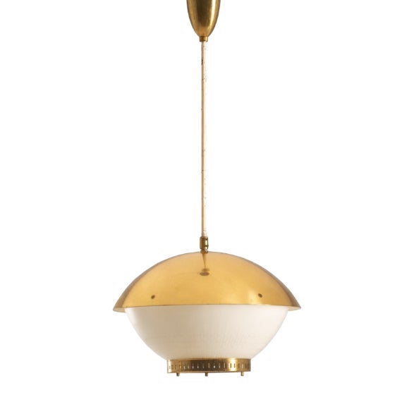 Large Brass Pendant with Engraved Opaline Glass, 1940s For Sale