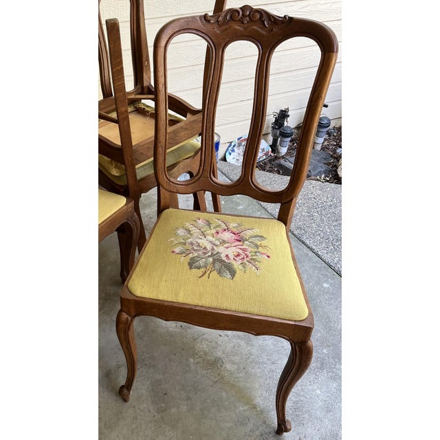 French Provincial Vintage Solid Oak French Provincial Style Needlepoint Chairs - Set of 4 For Sale - Image 3 of 4