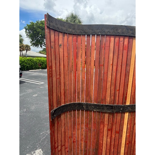Alvar Aalto 1940s American Industrial Red Lacquer Wood & Leather Room Divider Screen For Sale - Image 4 of 8