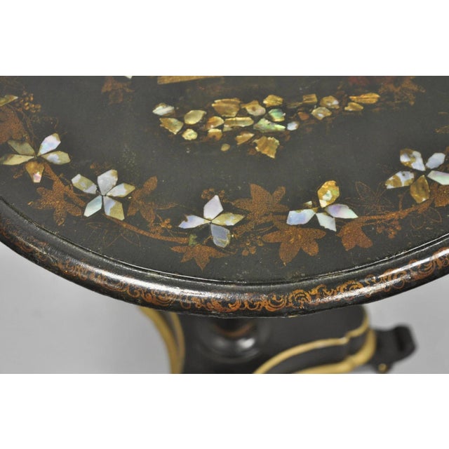 Antique English Victorian Mother of Pearl Inlay Black Lacquer Tilt Top Table For Sale - Image 18 of 18