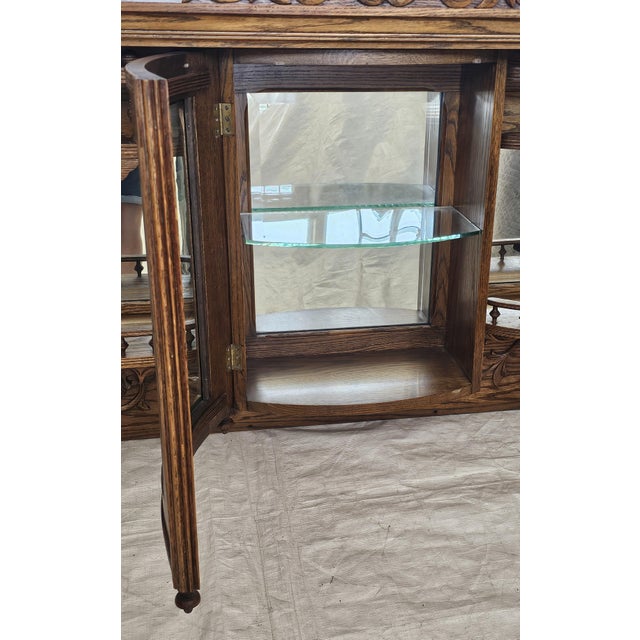 Antique 1890s Tiger Oak Over Mantel With Bowed Glass Cabinet & Beveled Mirrors For Sale - Image 10 of 17