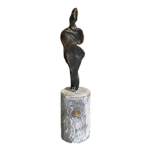 Korean Bronze Sculpture of a Figure on Wood Stand 4.75" H Signed