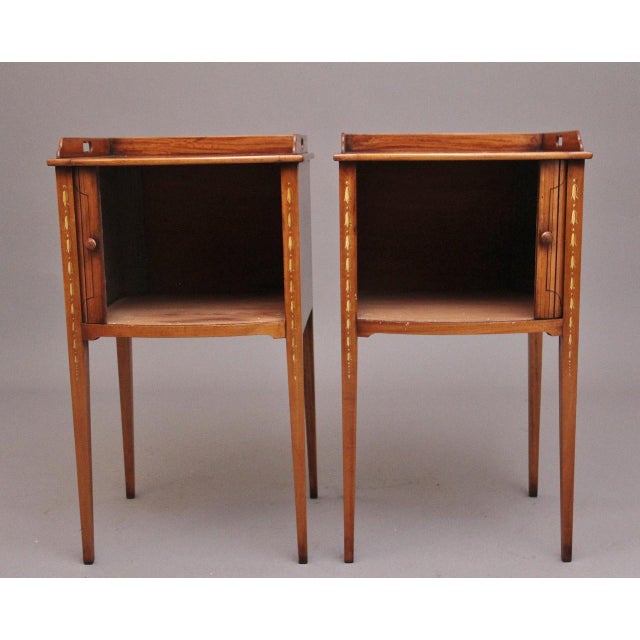 A highly decorative pair of early 20th Century satinwood and hand painted bedside cabinets in the Sheraton style, the tops...
