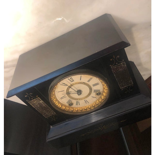 Vintage Heavy Wood and Metal Mantle Clock For Sale - Image 9 of 12