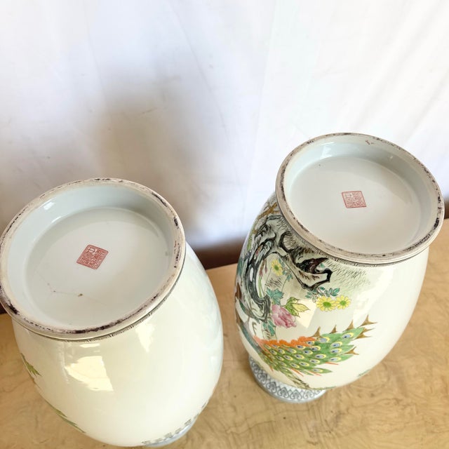 White Vintage Chinese Hand Painted Porcelain Vases - A Pair For Sale - Image 8 of 9