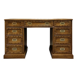 Vintage Campaign Style Double Pedestal 7 Drawer Desk For Sale