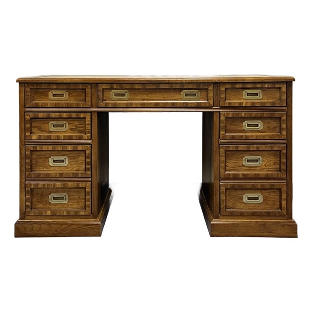 Vintage Campaign Style Double Pedestal 7 Drawer Desk For Sale