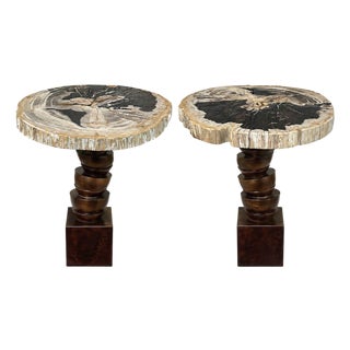 Pair Modern Petrified Wood Side Tables W/ Sculptural Metal Bases. Late 20th C. For Sale