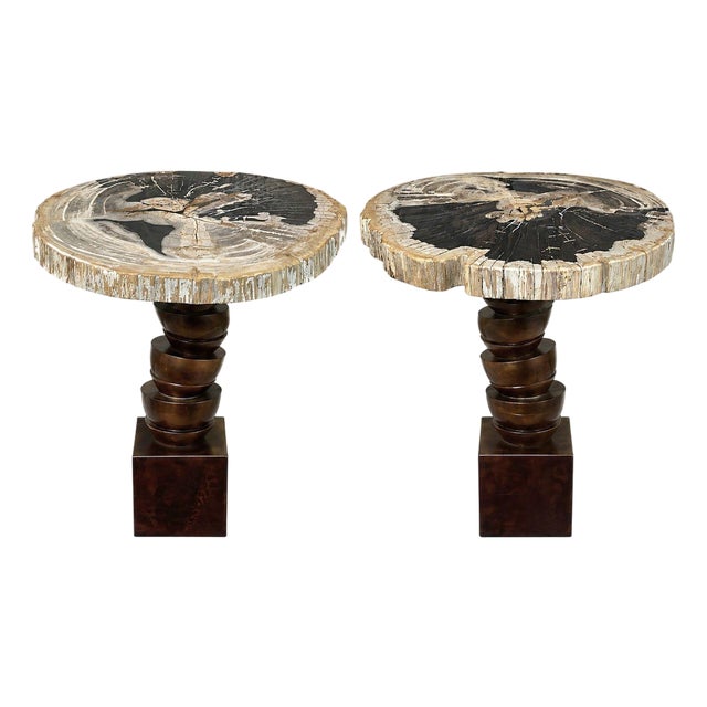 Pair Modern Petrified Wood Side Tables W/ Sculptural Metal Bases. Late 20th C. For Sale