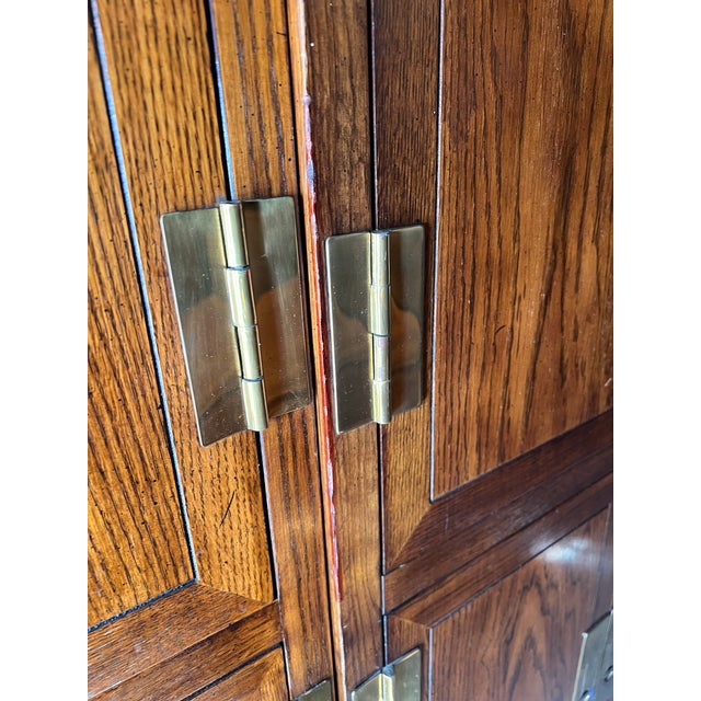 Wood Vintage Henredon Scene One 1 Tall Cabinets in Campaign Style a Pair, Attributed For Sale - Image 7 of 7