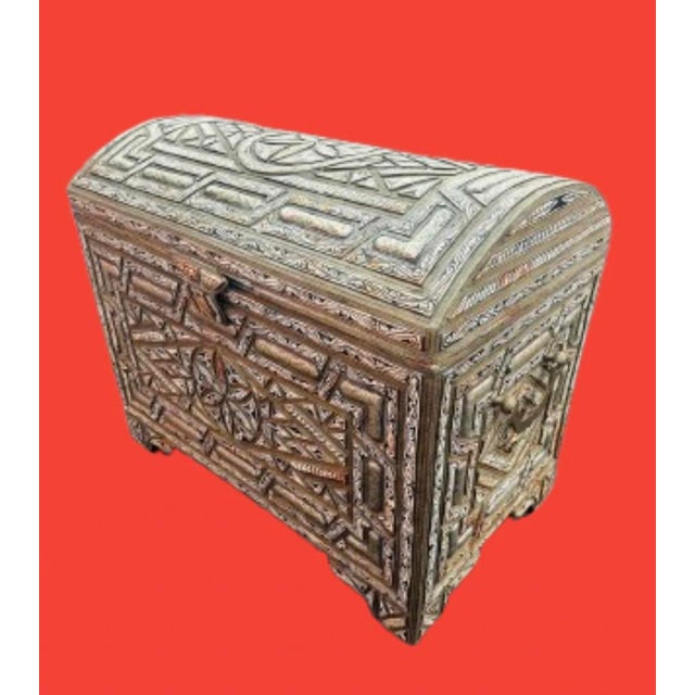 Moroccan 19th Century Extra Large Antique Moroccan Trunk Moorish Design For Sale - Image 3 of 12