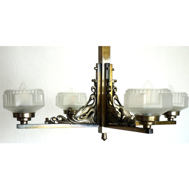 French Art Deco Brass and Satin Glass 4-Light Chandelier, 1920s For Sale - Image 14 of 15