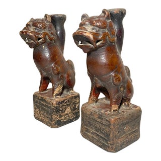 Antique Handmade Late Ming Dynasty 1600's Pottery Foo Lion Oil Lamps Sculptures For Sale