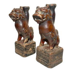 Antique Handmade Late Ming Dynasty 1600's Pottery Foo Lion Oil Lamps Sculptures
