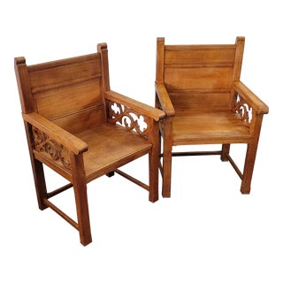 Antique Pair Gothic Oak Bishop Throne Chairs Deacon Chairs For Sale