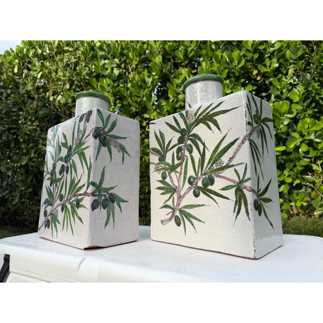 Antique Hand-Painted Olive Motif Crackle Glazed Pottery Vessels, Pair For Sale - Image 10 of 14