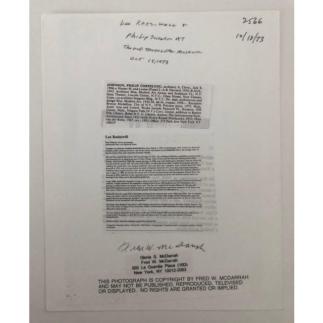 American Fred McDarrah, Signed Silver Gelatin Photograph Philip Johnson, Architect, Lee Radziwill, Photo, 1973 For Sale - Image 3 of 5