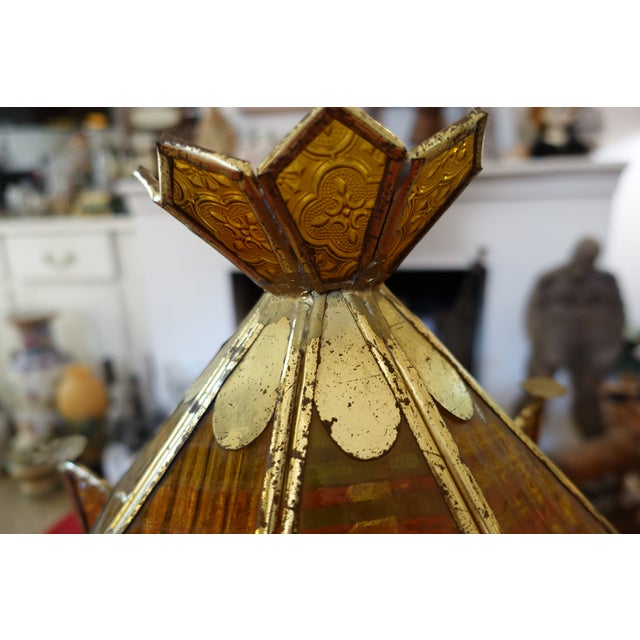 Beautiful lantern chandelier from the 1930s/40s stained glass in the style of the period oriental inspiration gilded brass...