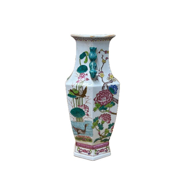 1970s Oriental Hexagonal Floral Peacocks Graphic Porcelain Art Vase For Sale - Image 5 of 7
