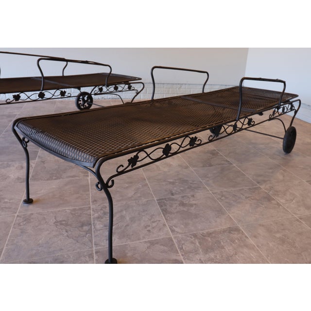 Black Vintage 1960s Woodard Wrought Iron Chaise Lounges, Pair, Floral Scrollwork, Adjustable, With Wheels, Attributed For Sale - Image 8 of 12