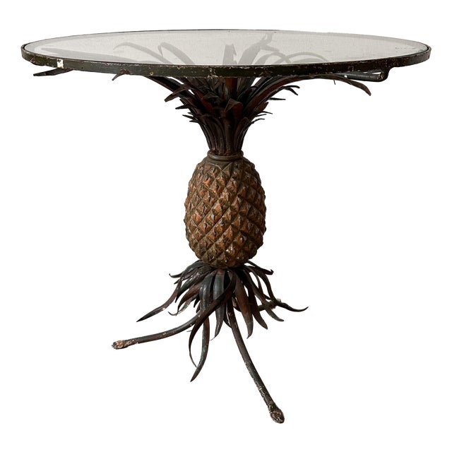 Polychrome Iron Pineapple Coffee Table with Glass Top, 1900 For Sale