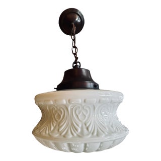 Cased Glass Acanthus Leaf Embossed Pendant Fixture on Brass Holder, Circa 1920 For Sale