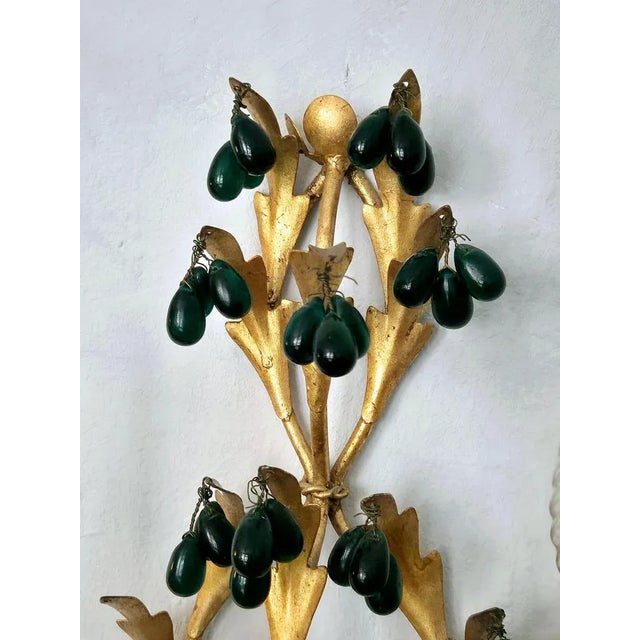 Green Wall Lights in Gilted Metal with Green Glass Drops, 1950s, Set of 2 For Sale - Image 8 of 11