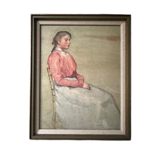 Elegant antique watercolor by Annie S. Johnson. This delicate watercolor is a portrait of a young woman in a pink and...