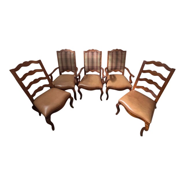 Century Furniture “Town & Country” Dining Chairs – Robert Allen Fabric & Bison Nutmeg Leather For Sale