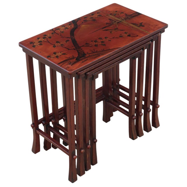 Antique c.1900 nest of 4 oriental japanese red lacquer side / occasional tables – fine quality a rare set of four early...