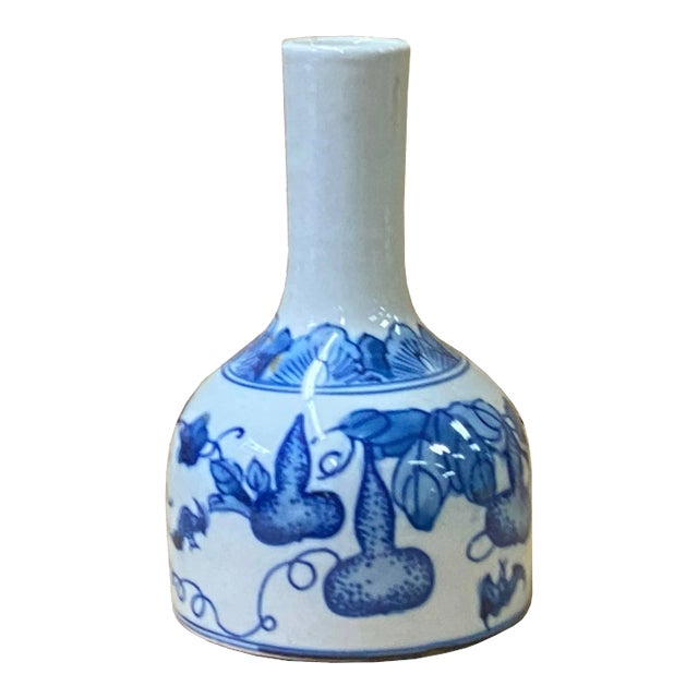 Chinese Blue White Porcelain Fat Base Gourd Graphic Small Vase - Set of 2 For Sale