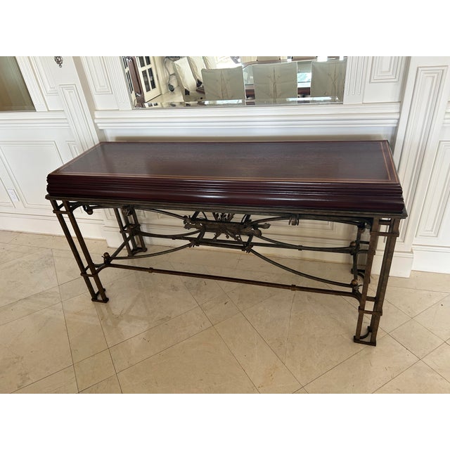 Late 20th Century Wrought Iron Console Table With Inlaid Wood Top For Sale - Image 4 of 5