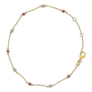 14K Yellow Gold Alternating Red Ruby and White Diamond Bezel Station Chain Bracelet (I-J Color, SI2-I1 Clarity) - 8" Inches For Sale
